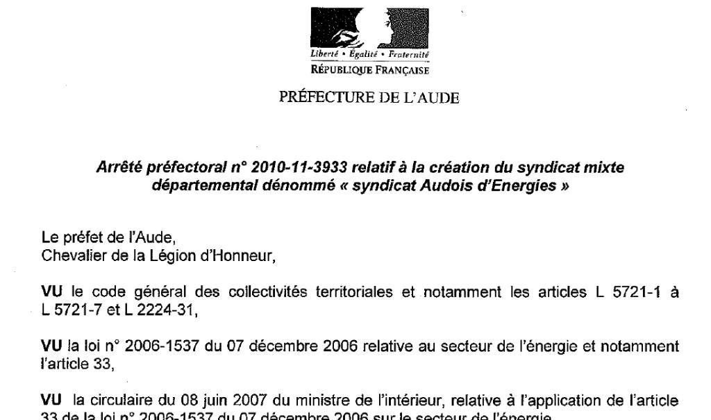 Création du Syndicat audois d&rsquo;énergie