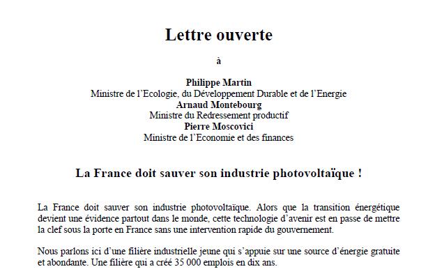Lettre ouverte au gouvernement pour sauver le photovoltaïque