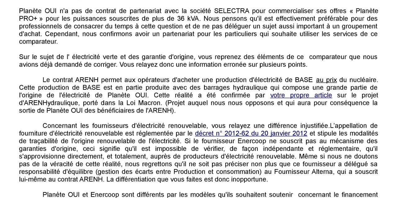 Droit de réponse: Planète Oui